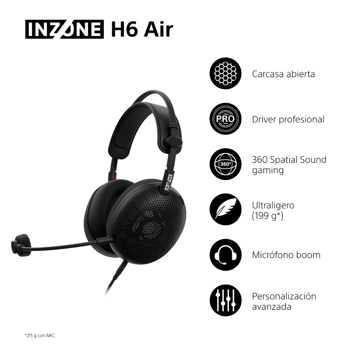 Auriculares con carcasa abierta, driver profesional, 360 Spatial Sound gaming, ultraligero (199g*), micrófono boom y personalización avanzada.