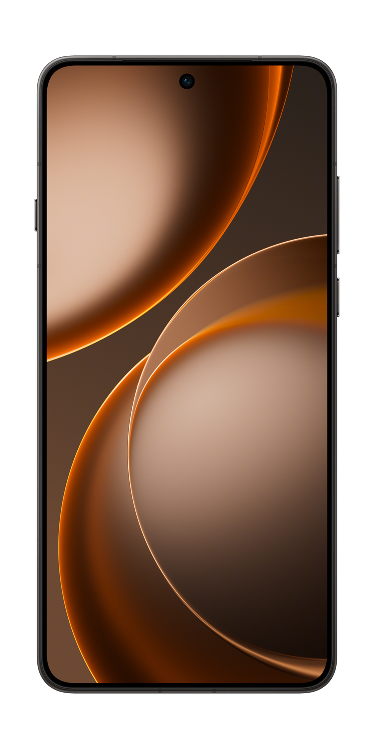 Un smartphone con fondo oscuro y un diseño abstracto superpuesto en bronce.