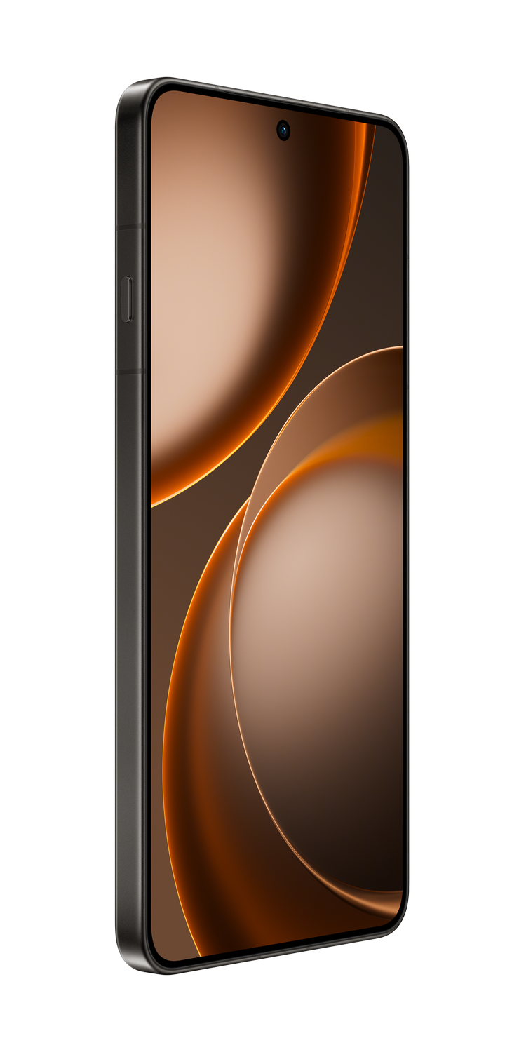 Un smartphone negro con un fondo abstracto naranja y marrón en la pantalla.