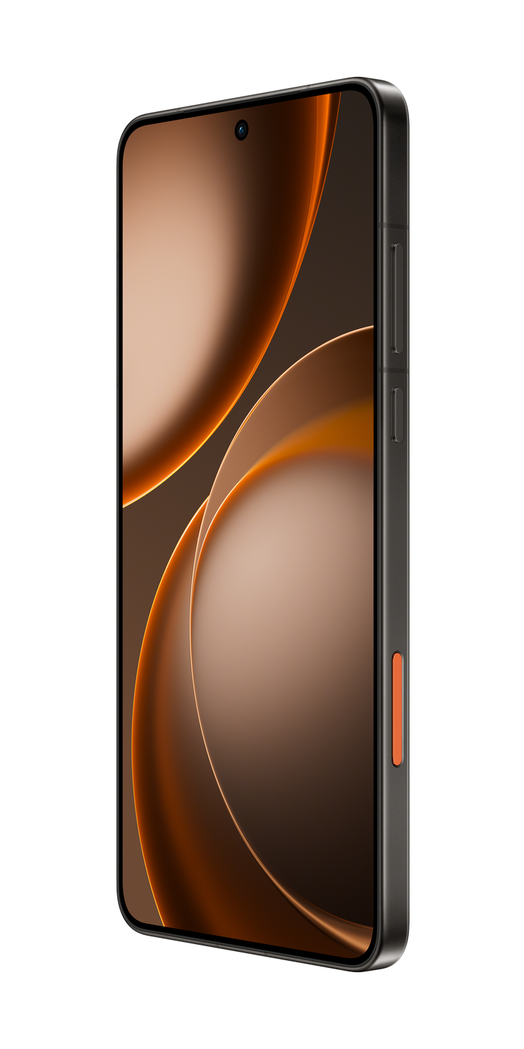 Un smartphone oscuro con un acento naranja en el lado derecho. La pantalla muestra un patrón abstracto.