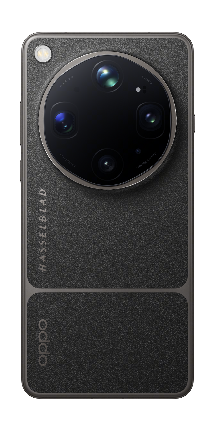 Smartphone oscuro con cámara Hasselblad y logo OPPO. Parte trasera texturizada.