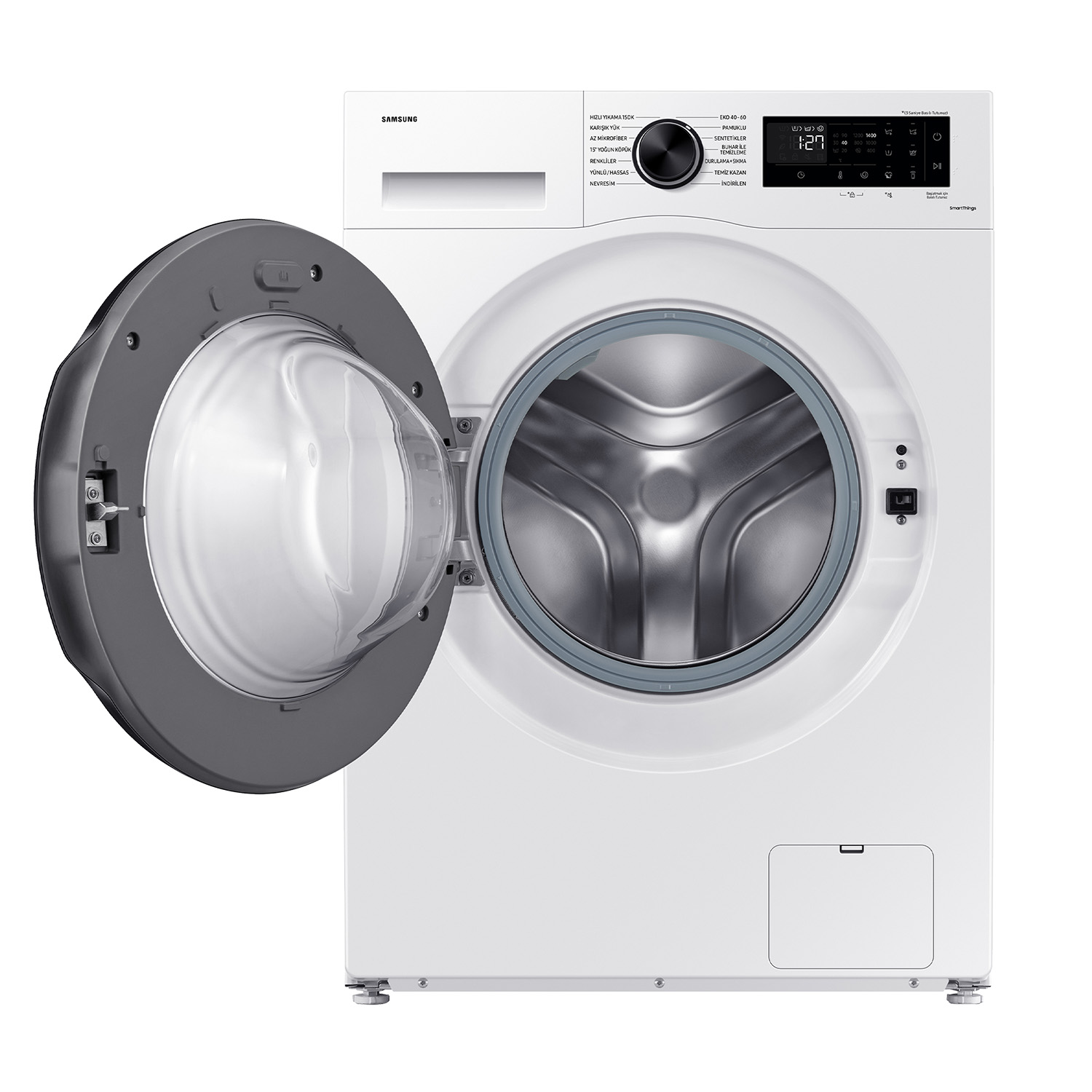 Una lavadora Samsung blanca con la puerta abierta y un panel de control con pantalla digital.