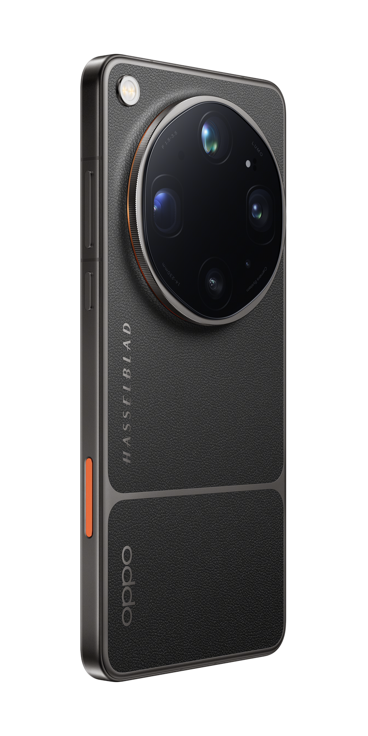 Parte trasera de un smartphone negro con cámara Hasselblad y acento naranja.