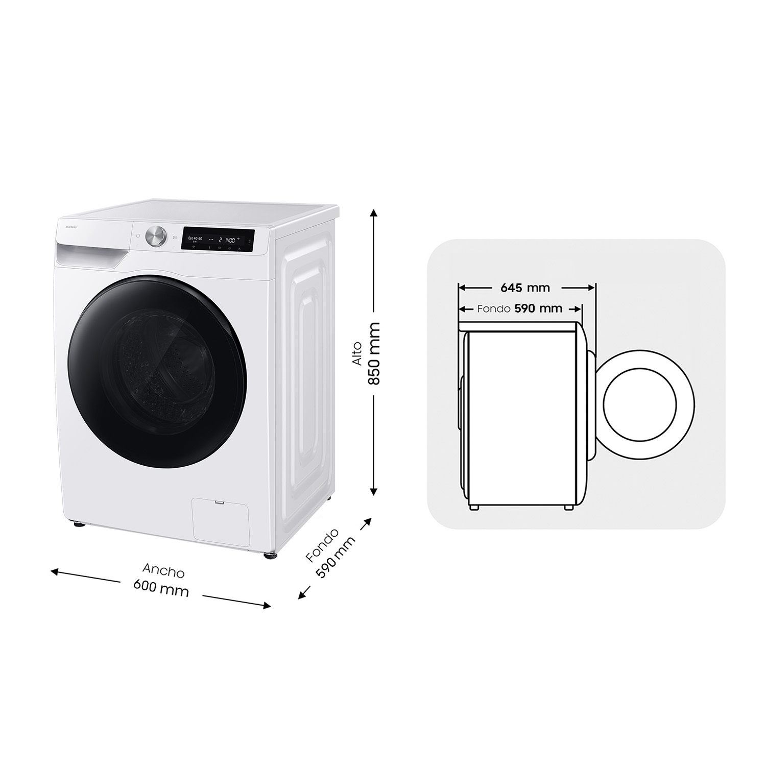 Lavadora blanca con pantalla. Dimensiones: 850mm A, 600mm An, 590mm F.