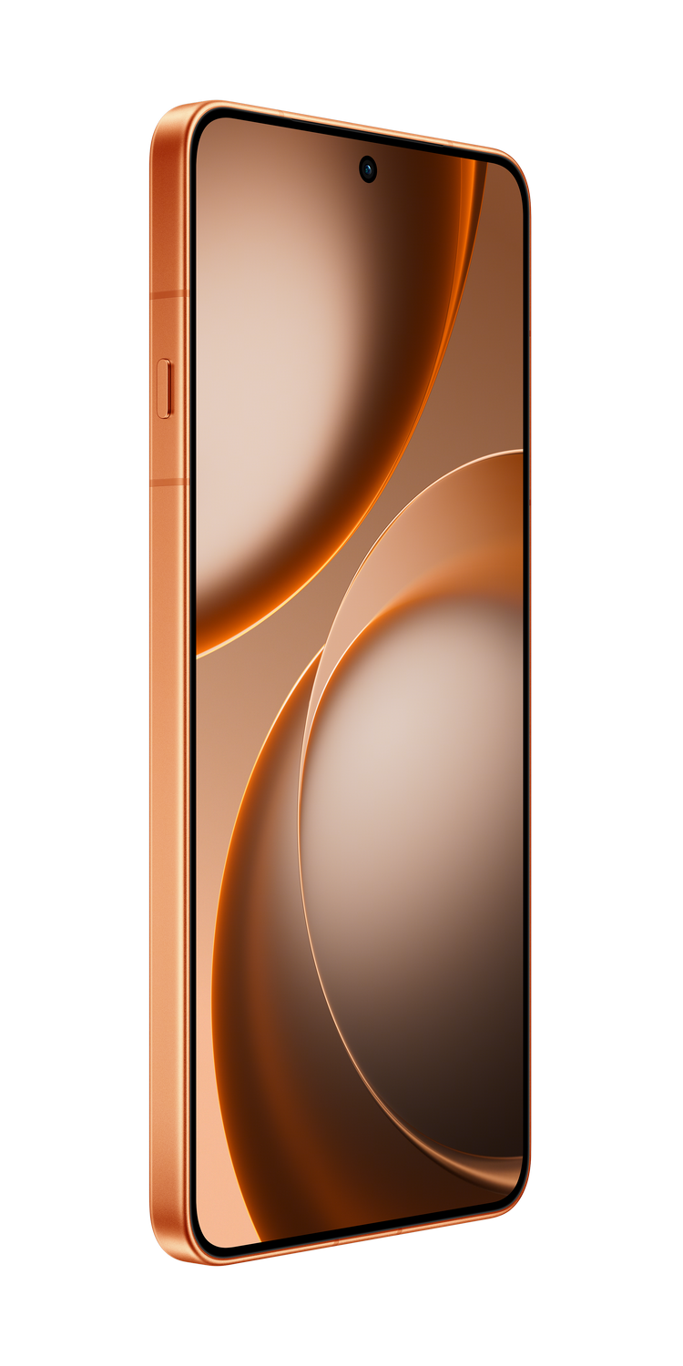 Marco dorado de smartphone sobre fondo negro con gráficos en pantalla.