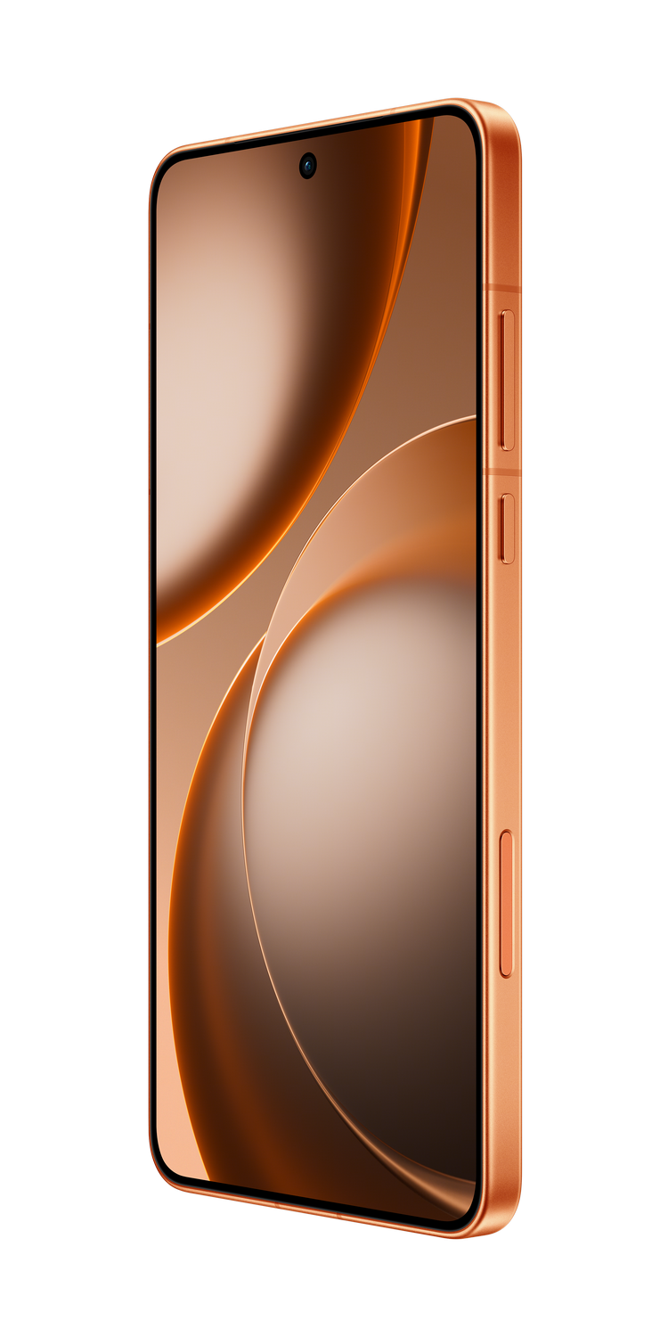 Un marco dorado de smartphone con pantalla negra y formas abstractas.