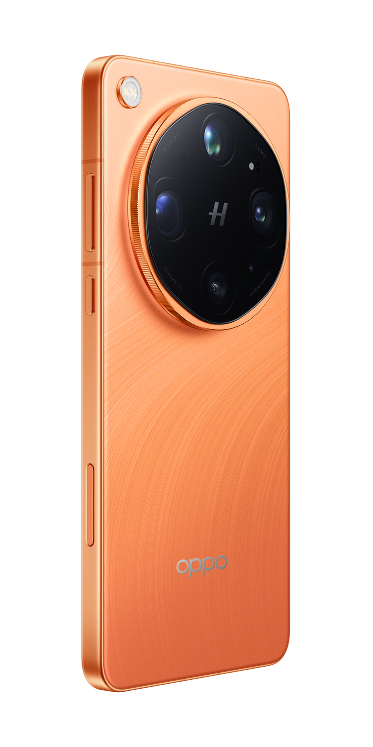 Un smartphone naranja con un conjunto de lentes de cámara circulares en la parte trasera.
