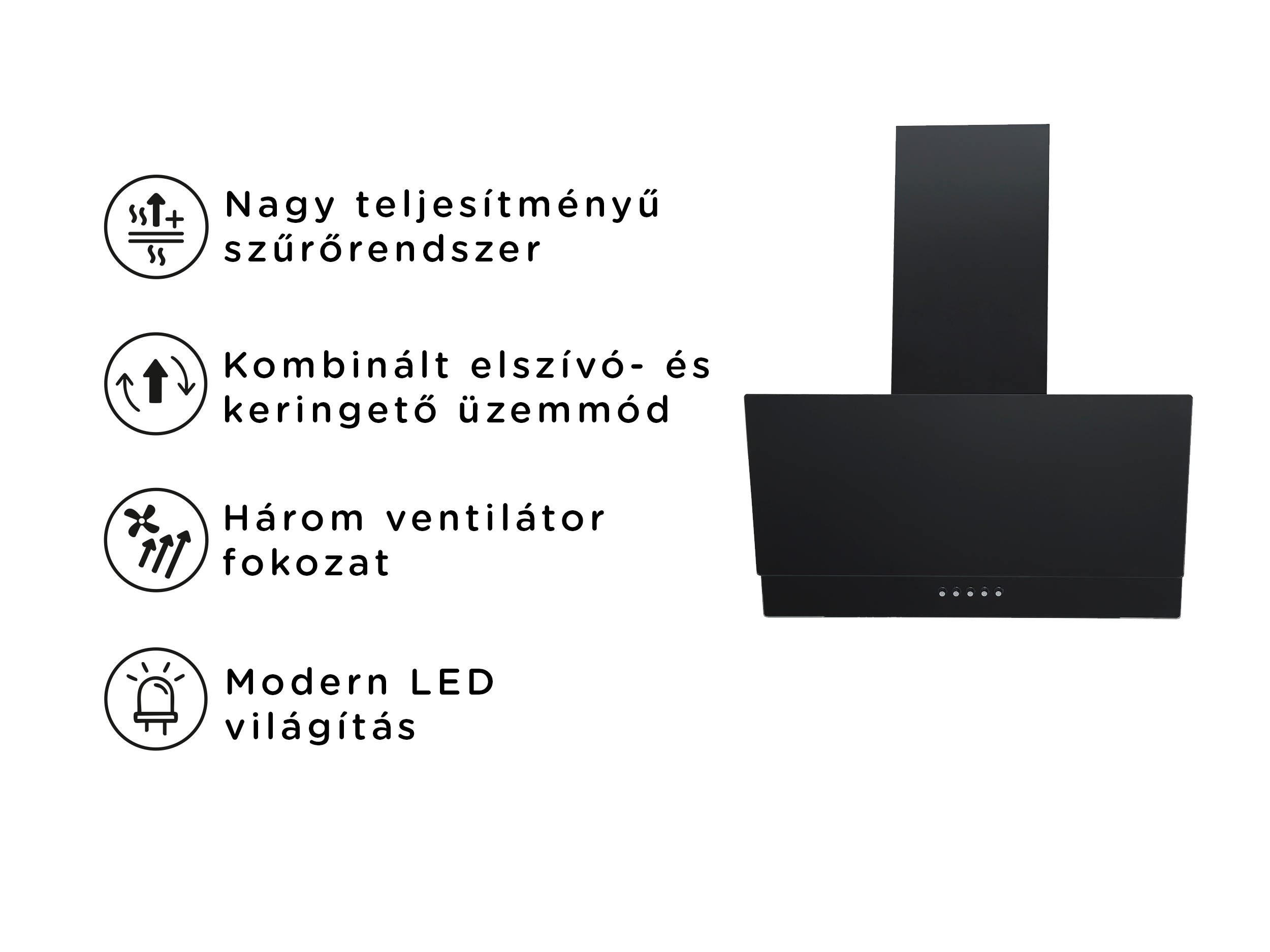 Fekete páraelszívó ikonokkal a teljesítményhez, üzemmódhoz, ventilátorhoz és világításhoz.