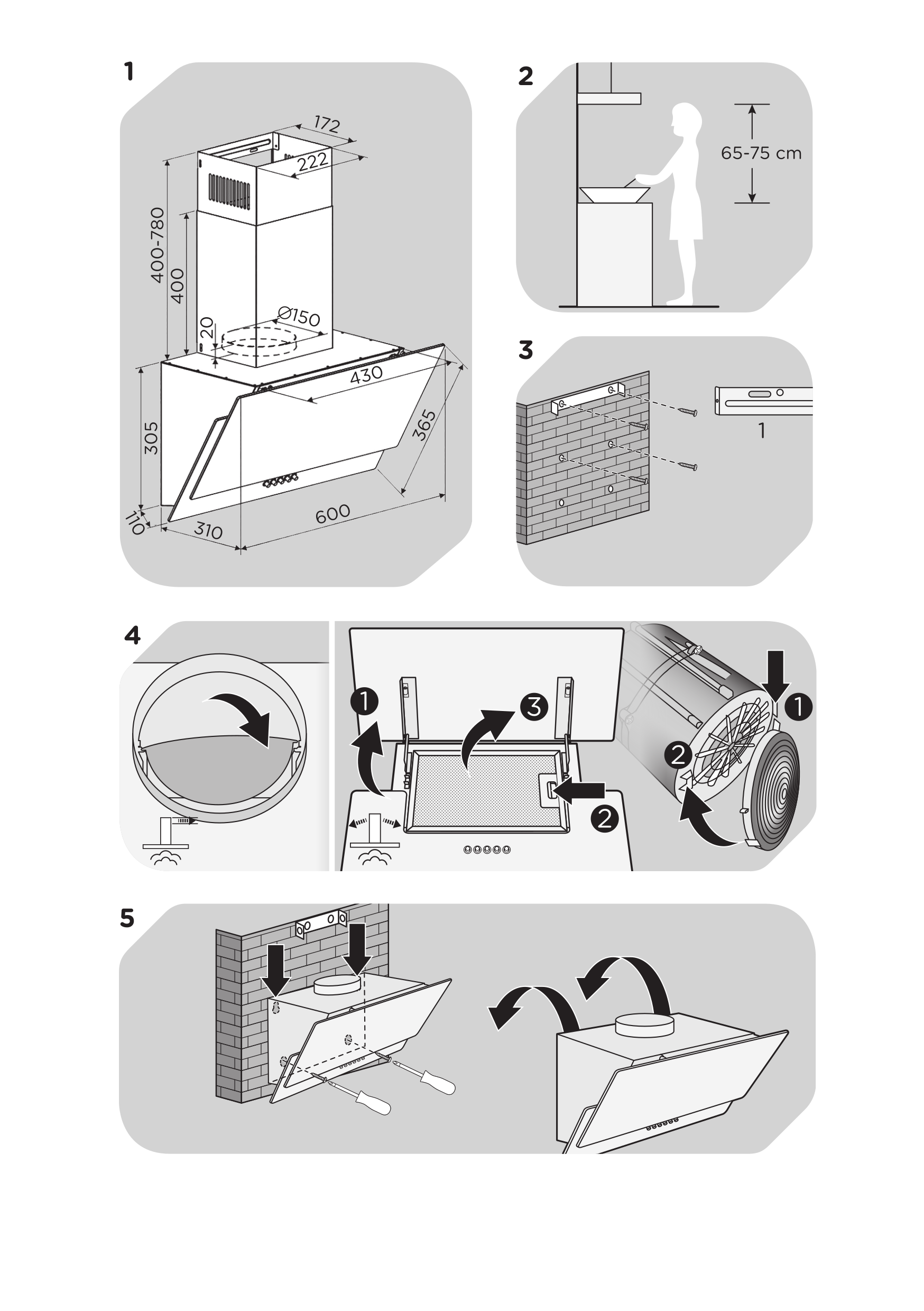 Diagram méretekkel egy páraelszívóhoz és szerelési lépésekkel.