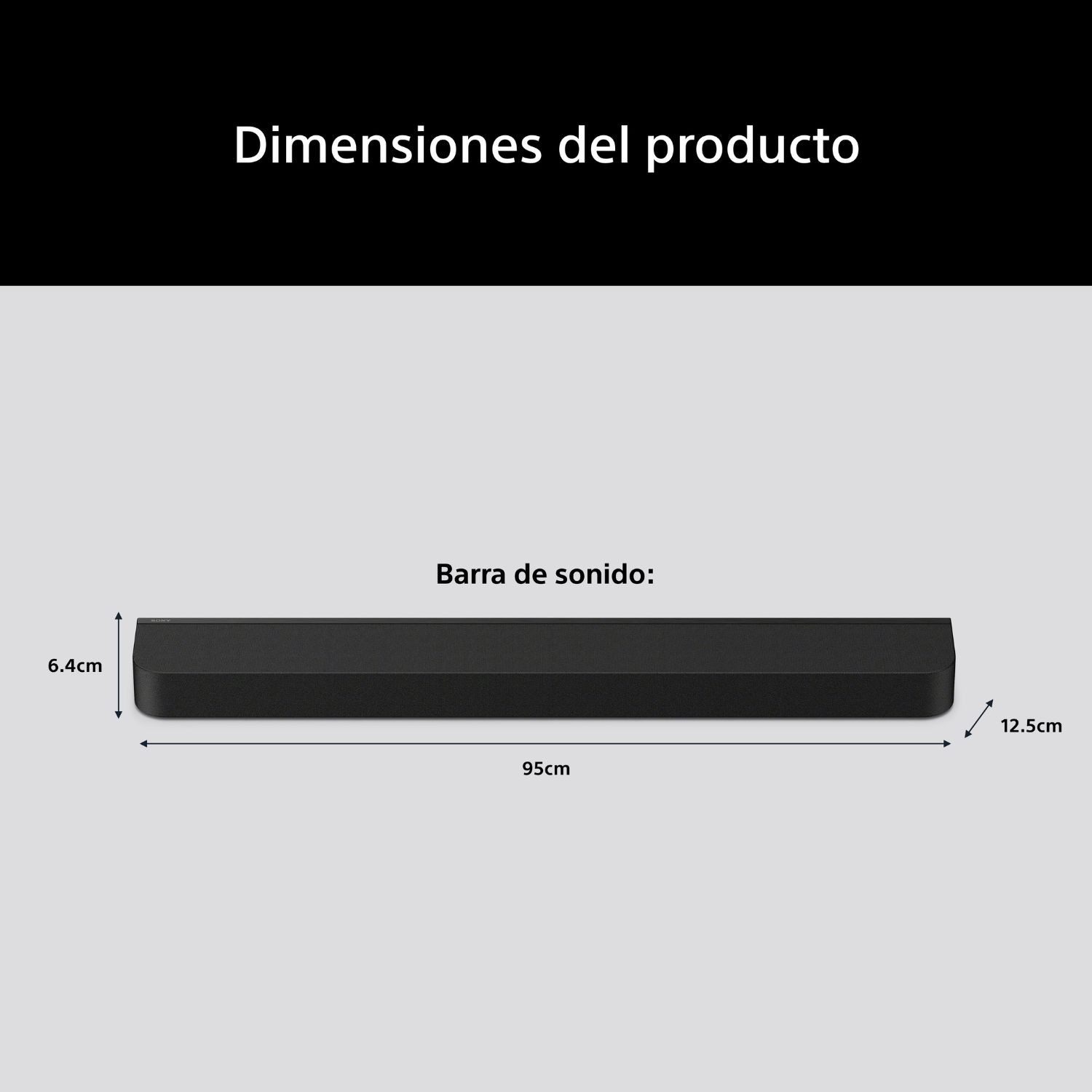Dimensiones del producto: Bara de sonido (A) 6.4 cm X (L) 95 cm X (D) 12.5 cm