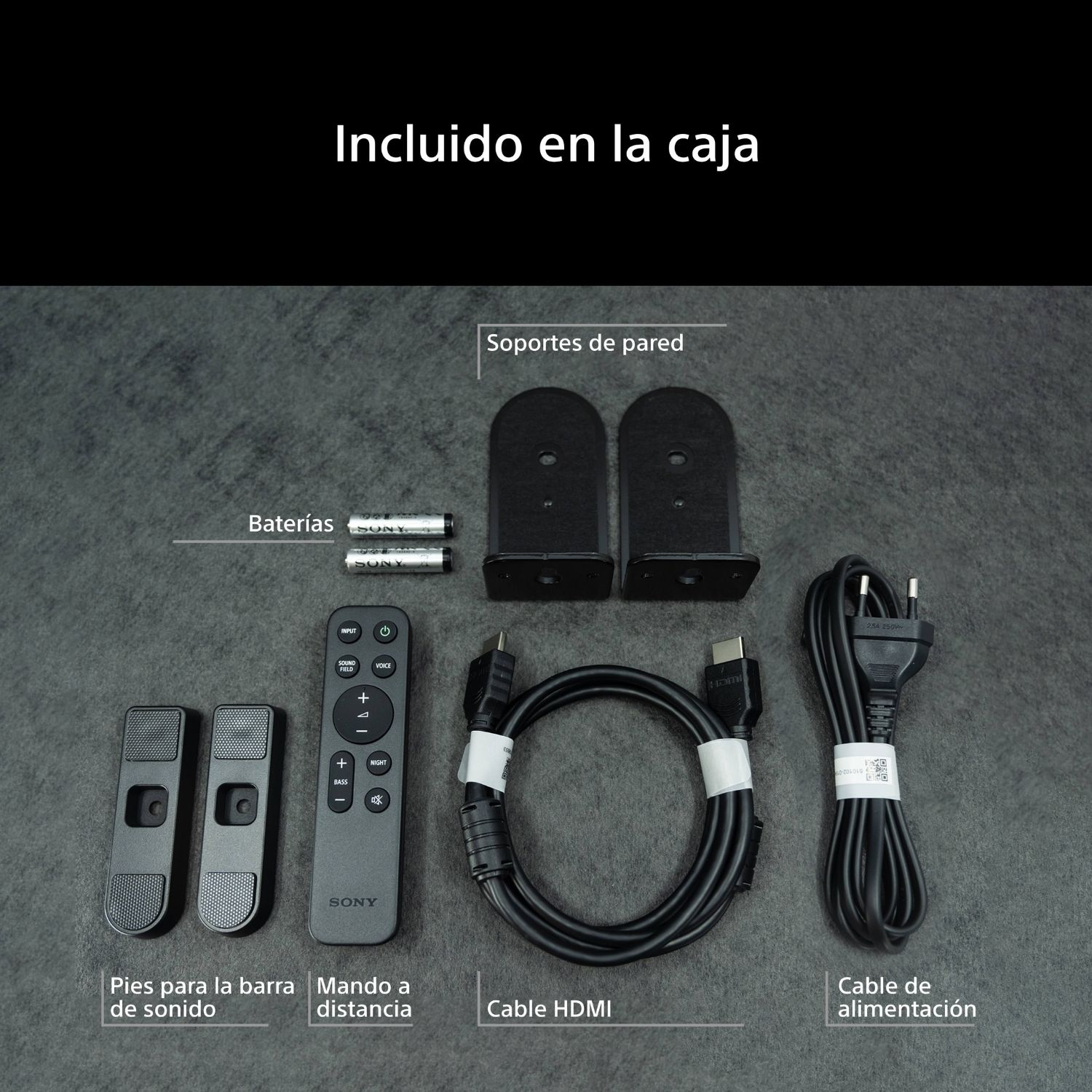 Incluido en la caja: Soportes de pared, Baterías, Pies para la barra de sonido, Mando a distancia, Cable HDMI y Cable de alimentación.