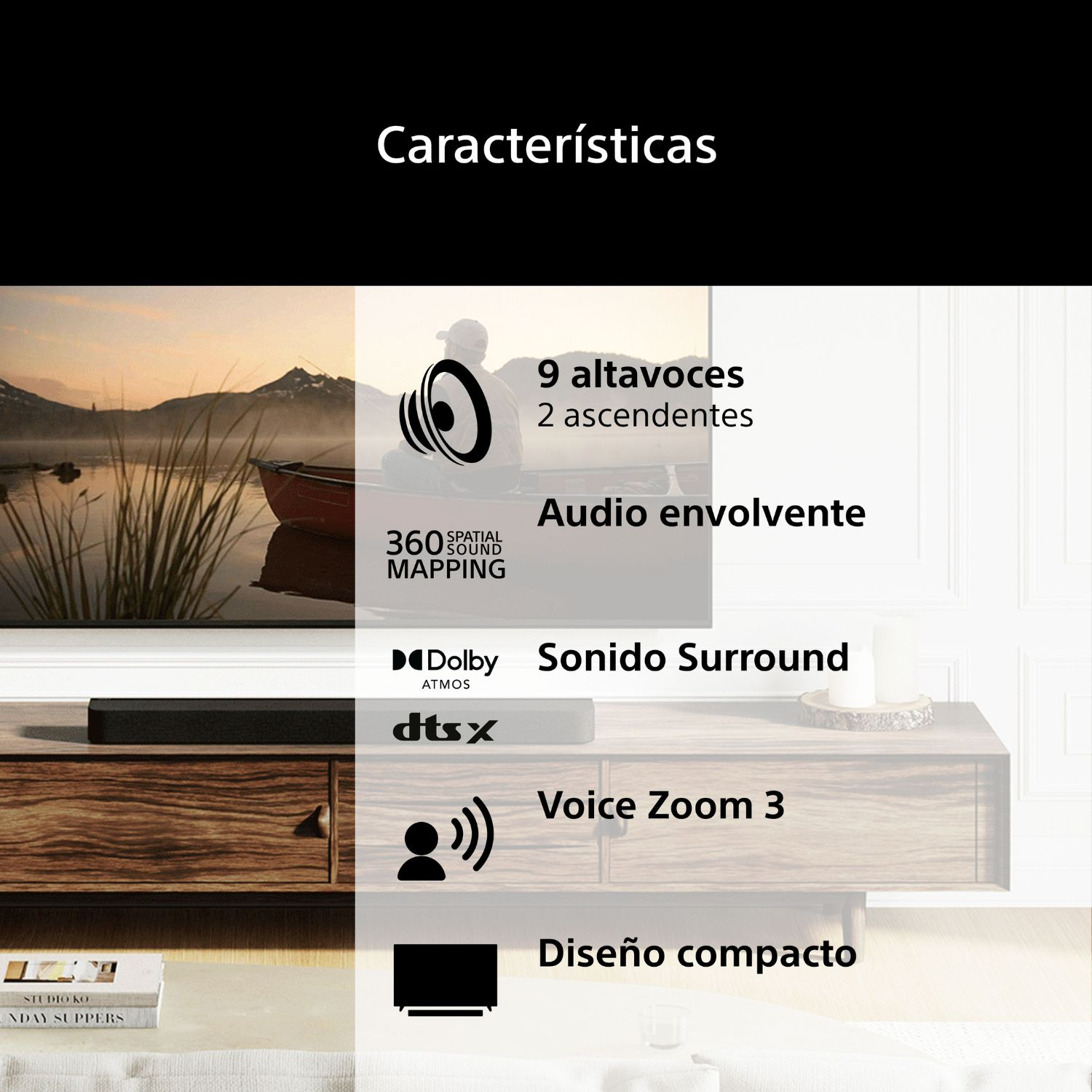 Características: 9 altavoces, Audio envolvente 360 Spatial Sound Maping, Sonido Surround Dolby Atmos, Voice Zoom 3, Diseño compacto.