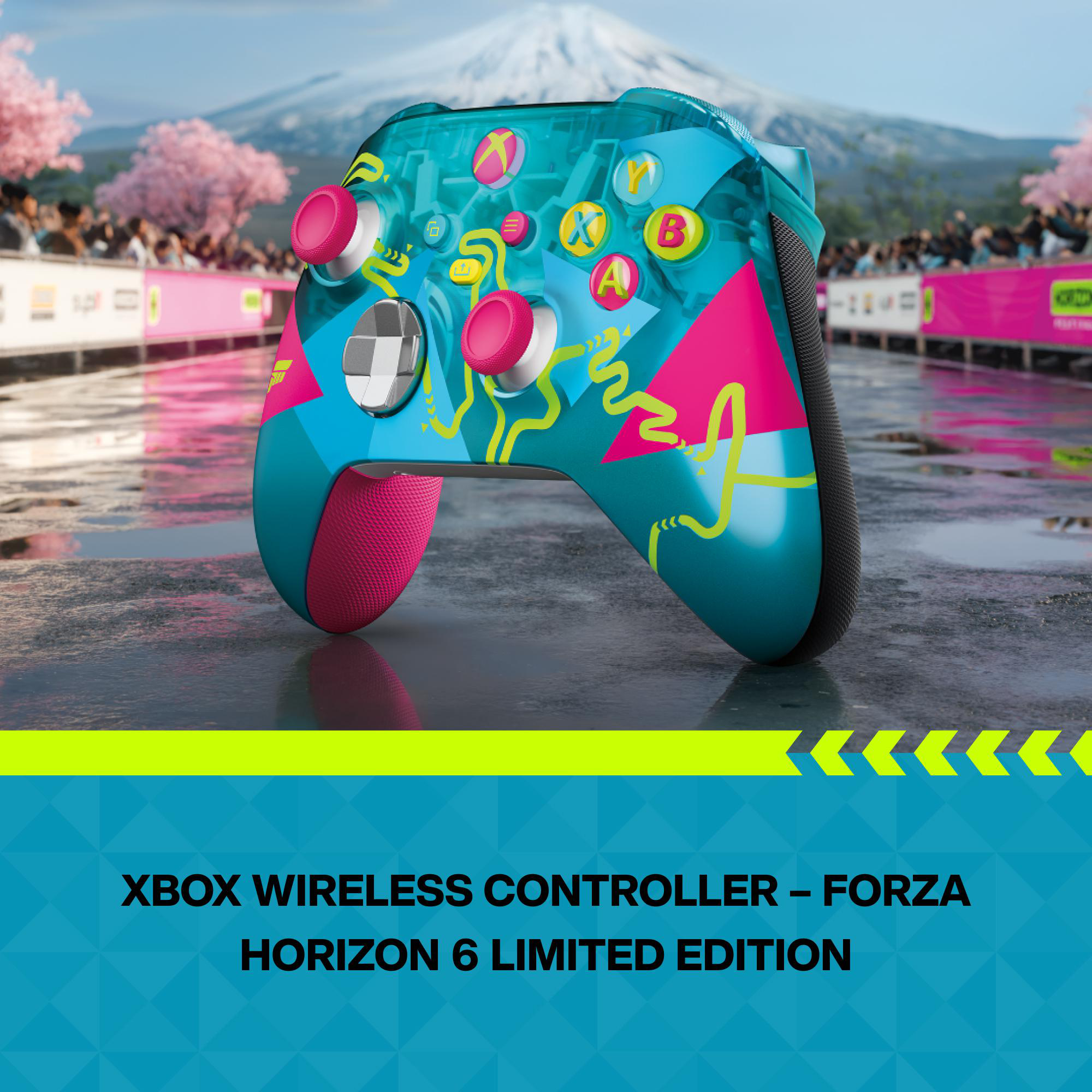 Ein transparenter Xbox-Controller mit pinken Akzenten auf nassem Untergrund, Berge im Hintergrund.