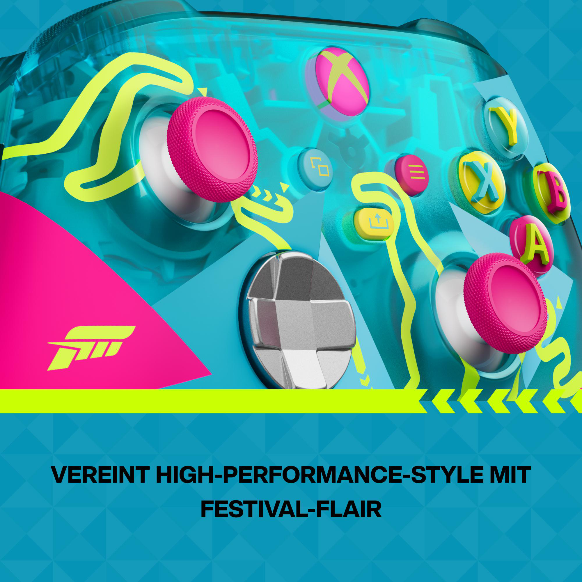 Ein transparenter blauer Controller mit pinken und gelben Akzenten und Schriftzug.