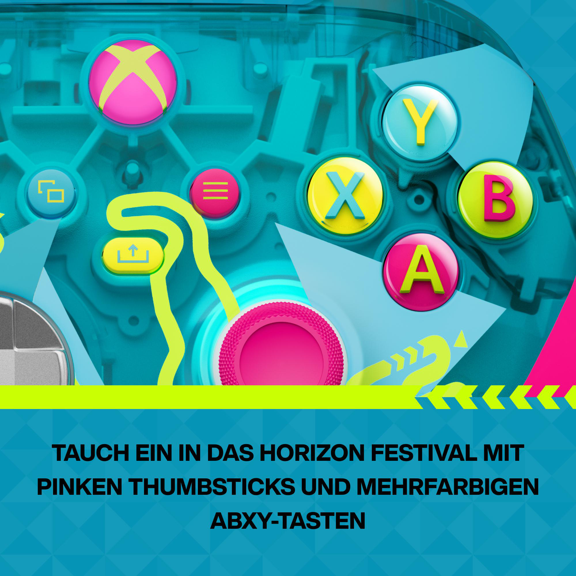 Ein Xbox Controller mit pinken und gelben Tasten sowie einem pinken Drehrad.