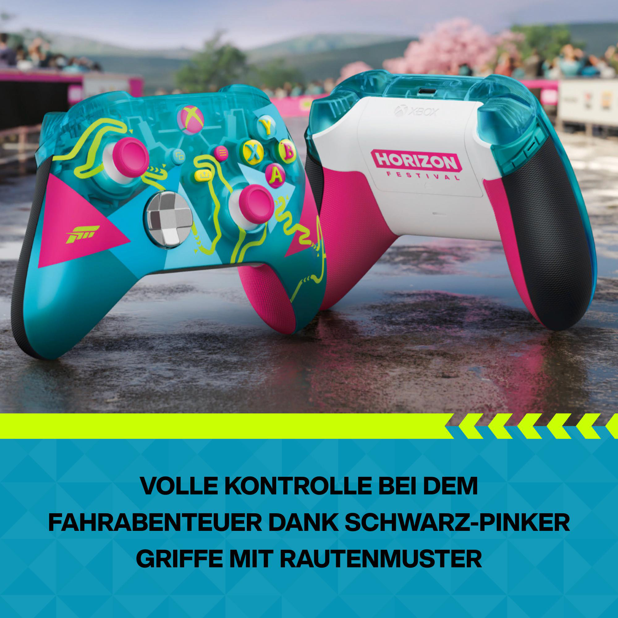 Zwei Xbox-Controller, einer in Türkis mit gelben Akzenten, der andere weiß und pink.
