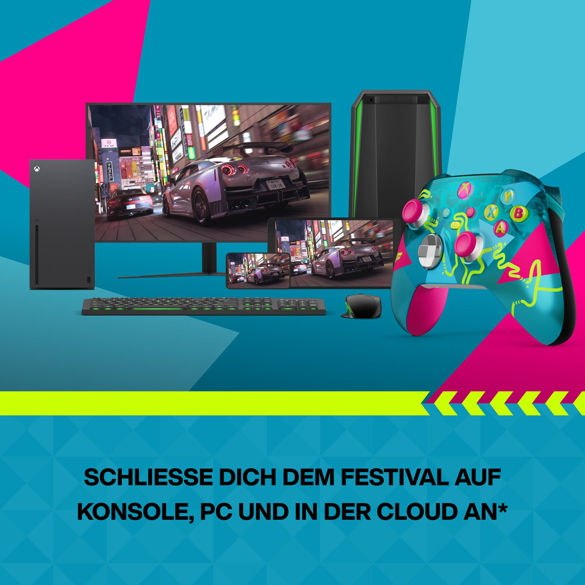 Eine Spielekonsole, ein PC, eine Tastatur, eine Maus und ein Controller.