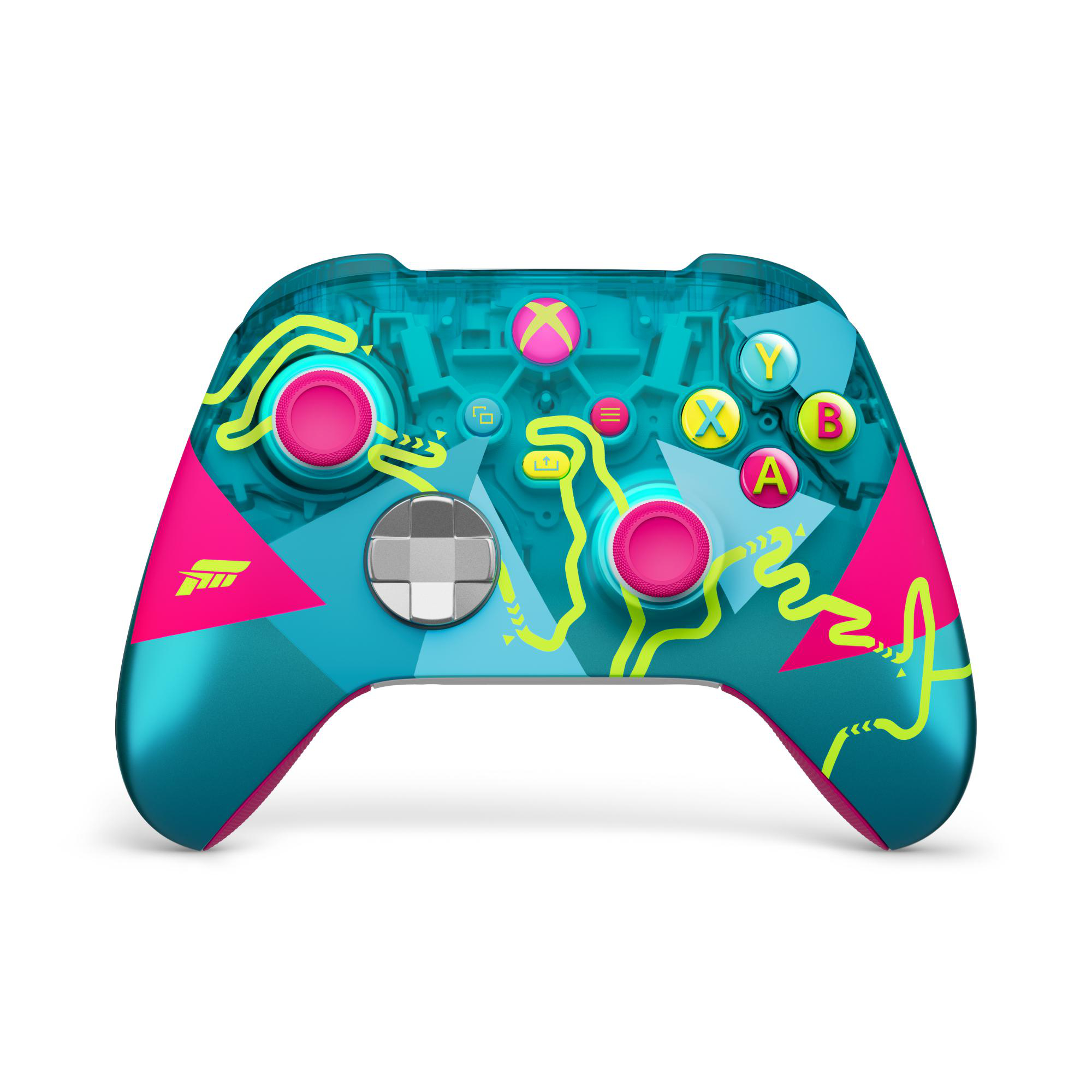 Ein türkisfarbener Controller mit pinken und gelben Akzenten und einem Rennstreckenmotiv.