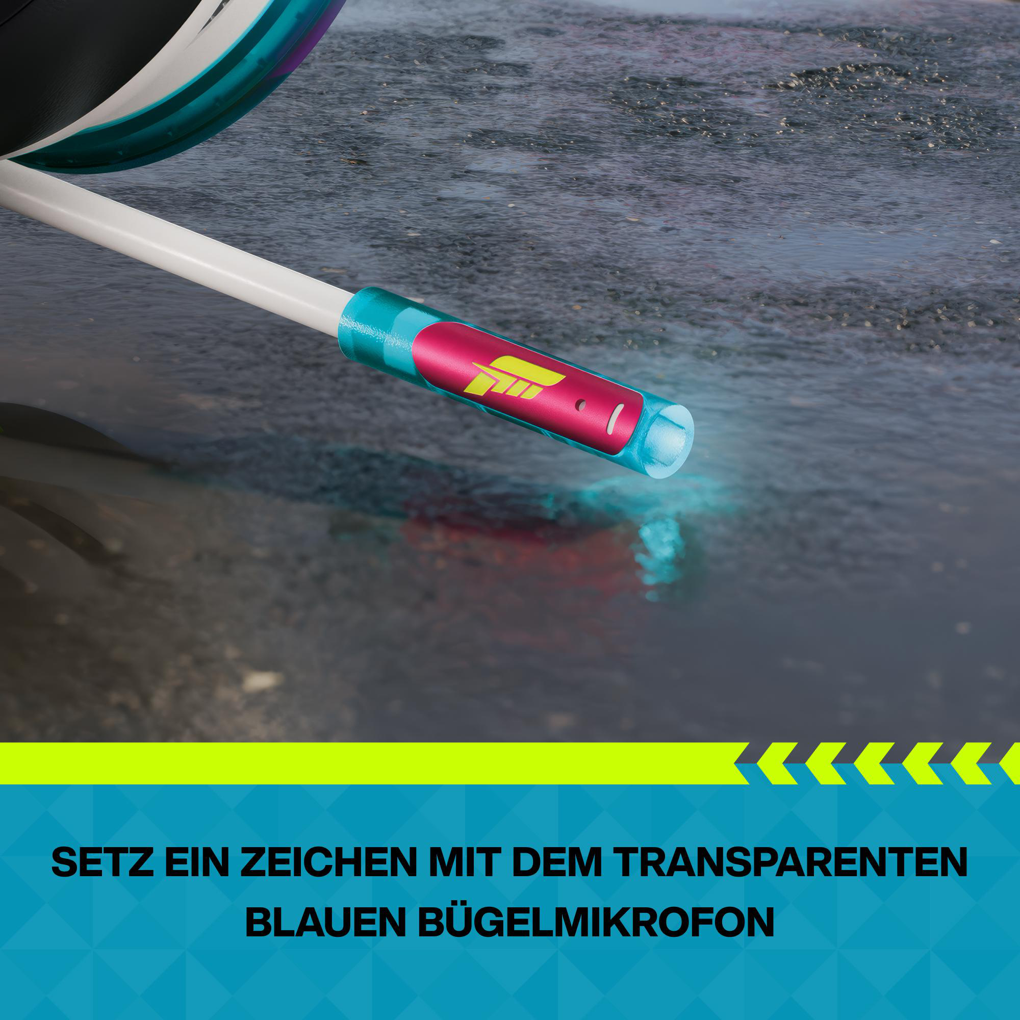 Ein weißer Stab mit einem transparenten, blauen Mikrofon, das rot und gelb leuchtet.