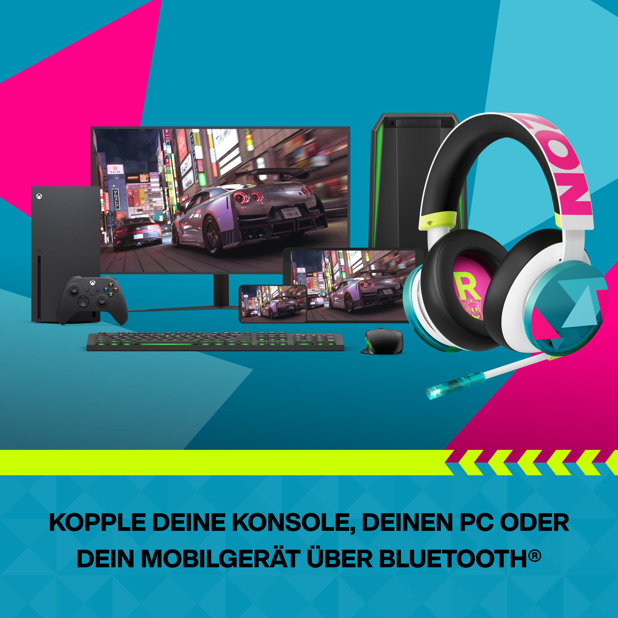 Gaming-Setup mit Xbox, Monitor, Kopfhörern und Tastatur.