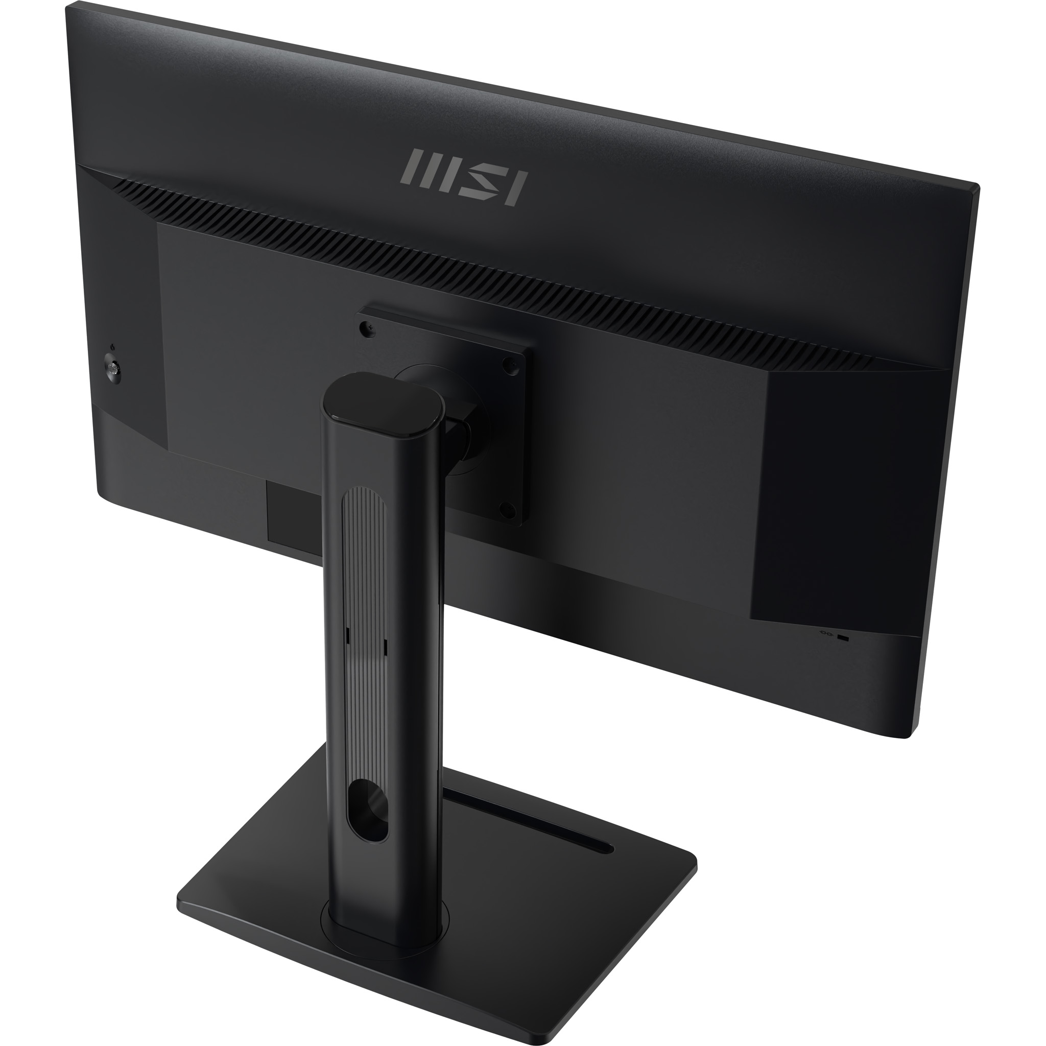 Fekete MSI monitor hátulnézete, téglalap alakú állványon.