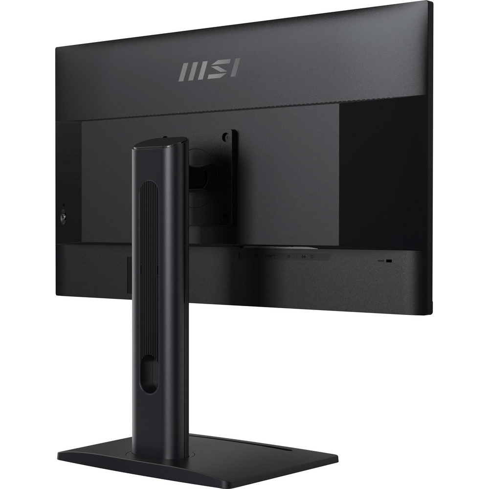 Fekete MSI monitor hátulnézete állvánnyal és portokkal.