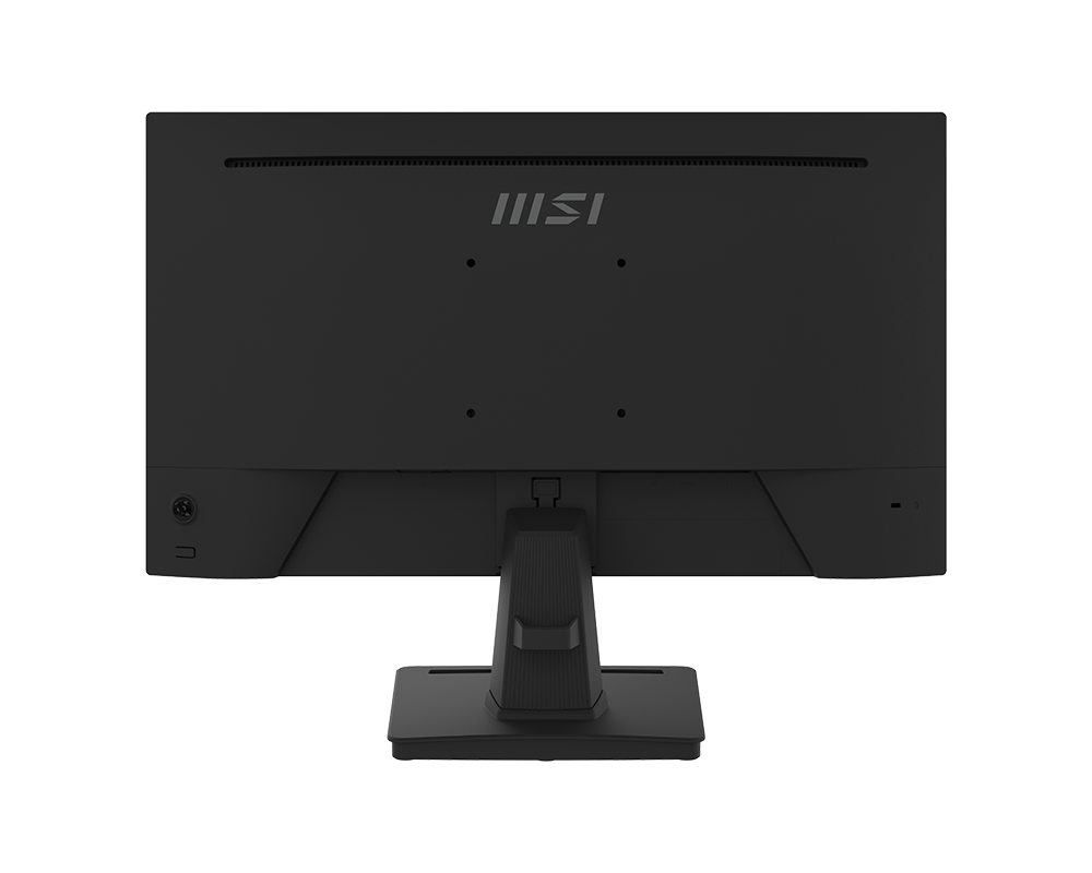 Fekete MSI monitor hátulnézete állvánnyal, fekete háttéren.