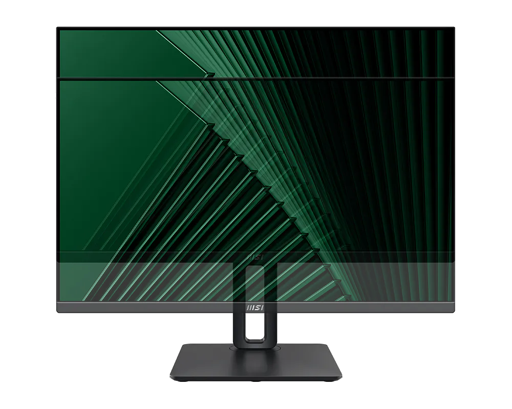 Egy fekete MSI monitor sötétzöld absztrakt geometriai mintát jelenít meg.