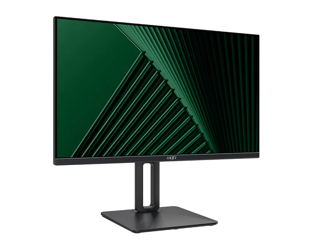 Egy fekete MSI monitor zöld absztrakt geometrikus mintát jelenít meg átlós vonalakkal.