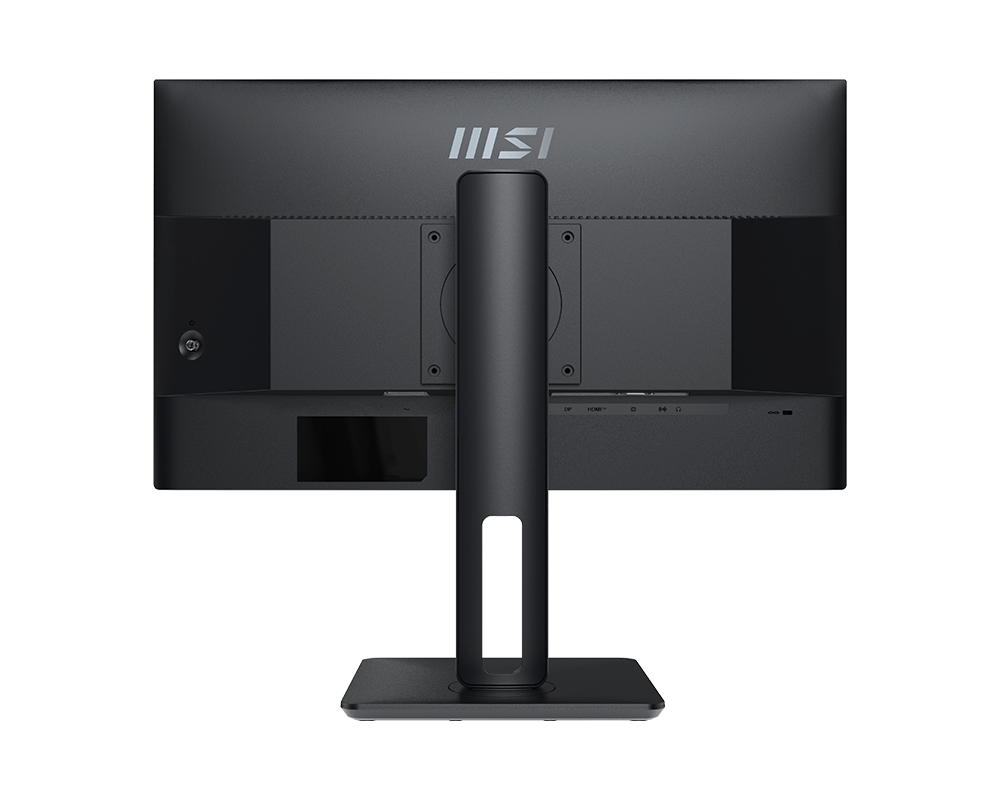 Fekete monitor hátulja MSI logóval és portokkal.