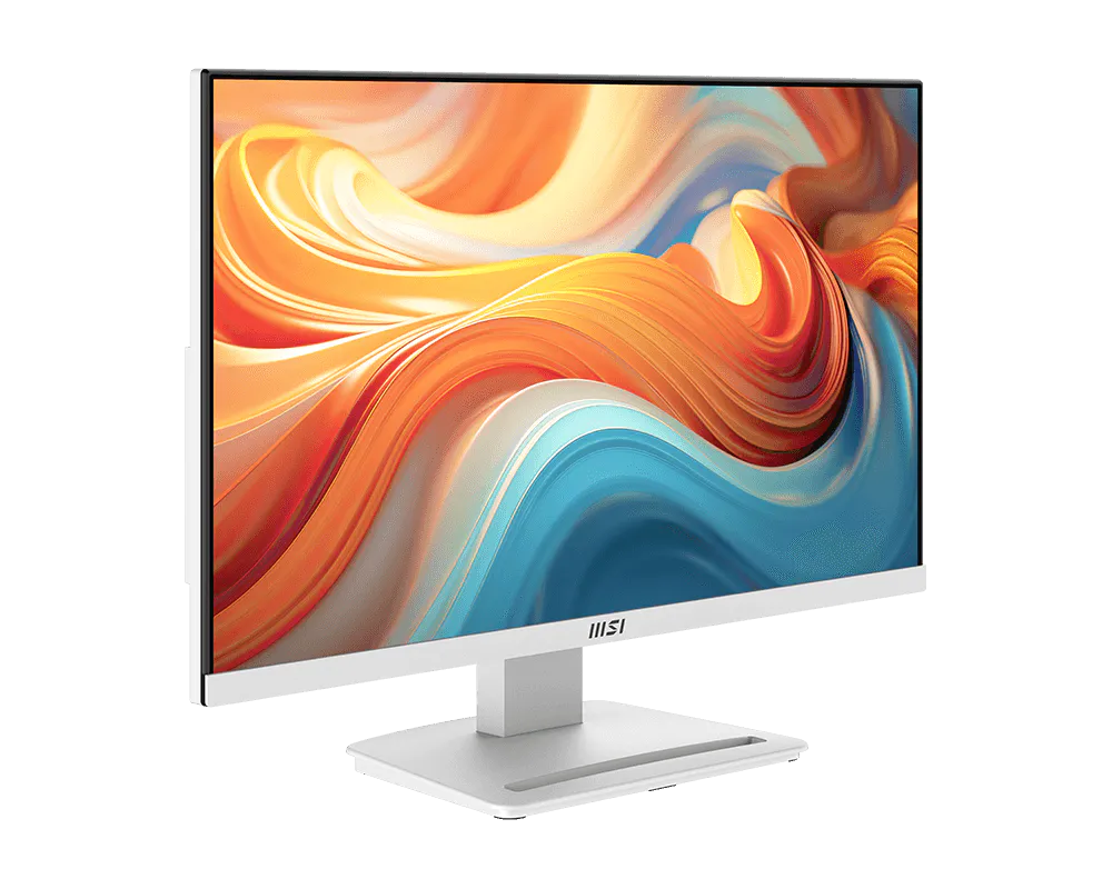Ezüst MSI monitor élénk, absztrakt háttérképet mutat, narancssárga, kék és fehér örvénylő színekkel.