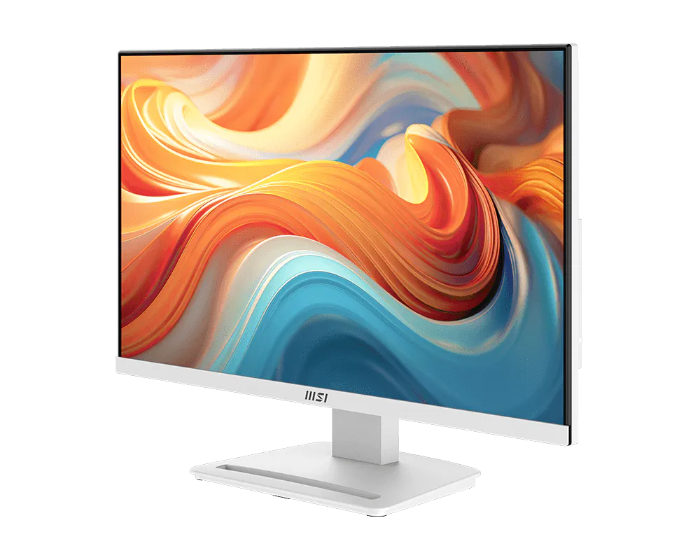 Egy fehér monitor, színes, absztrakt háttérrel a képernyőn.