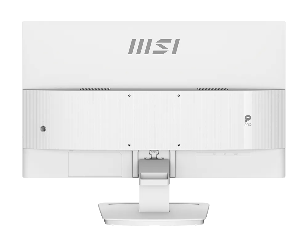 Fehér MSI monitor hátulnézete ezüst MSI logóval és portokkal.
