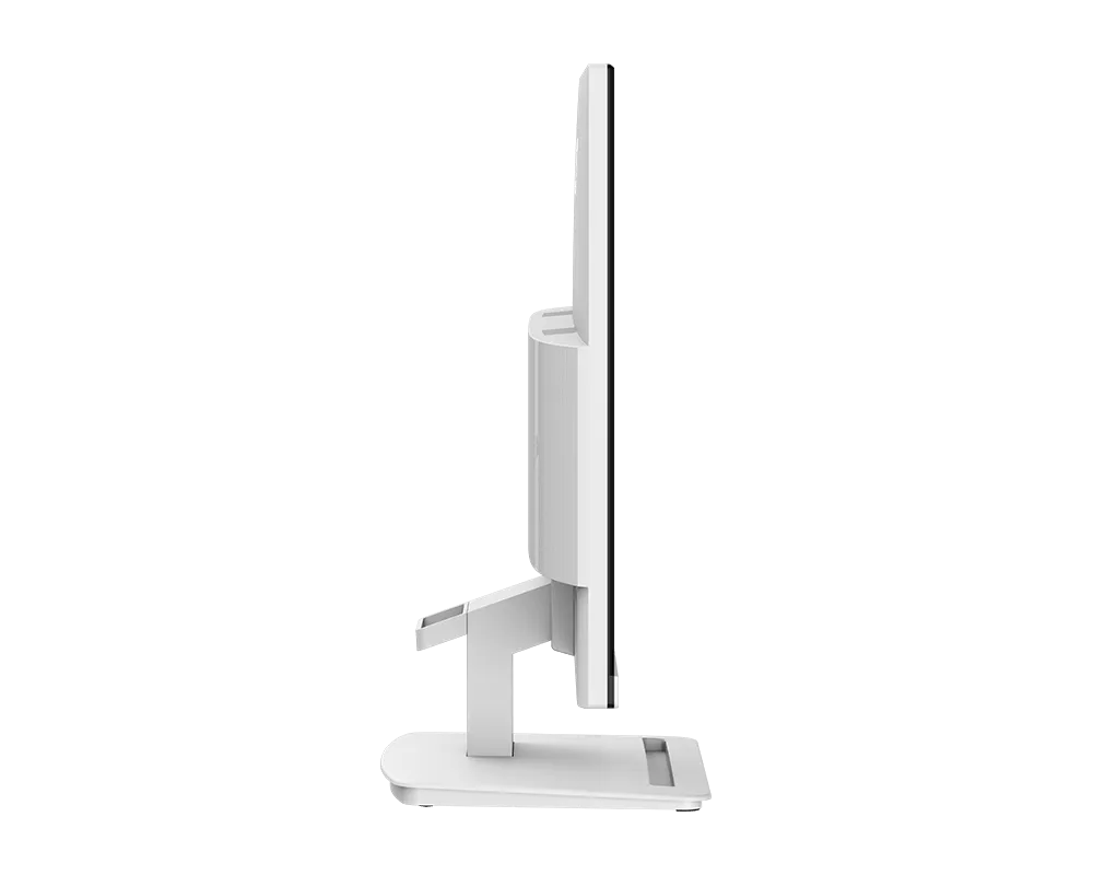 Fehér számítógép monitor oldalsó profilból fekete háttéren.