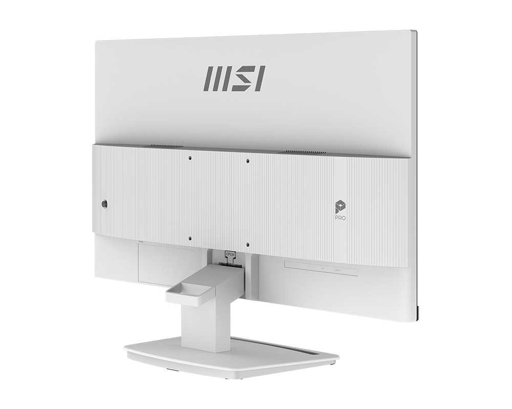 Fehér MSI monitor hátulról, logóval és Állvánnyal.