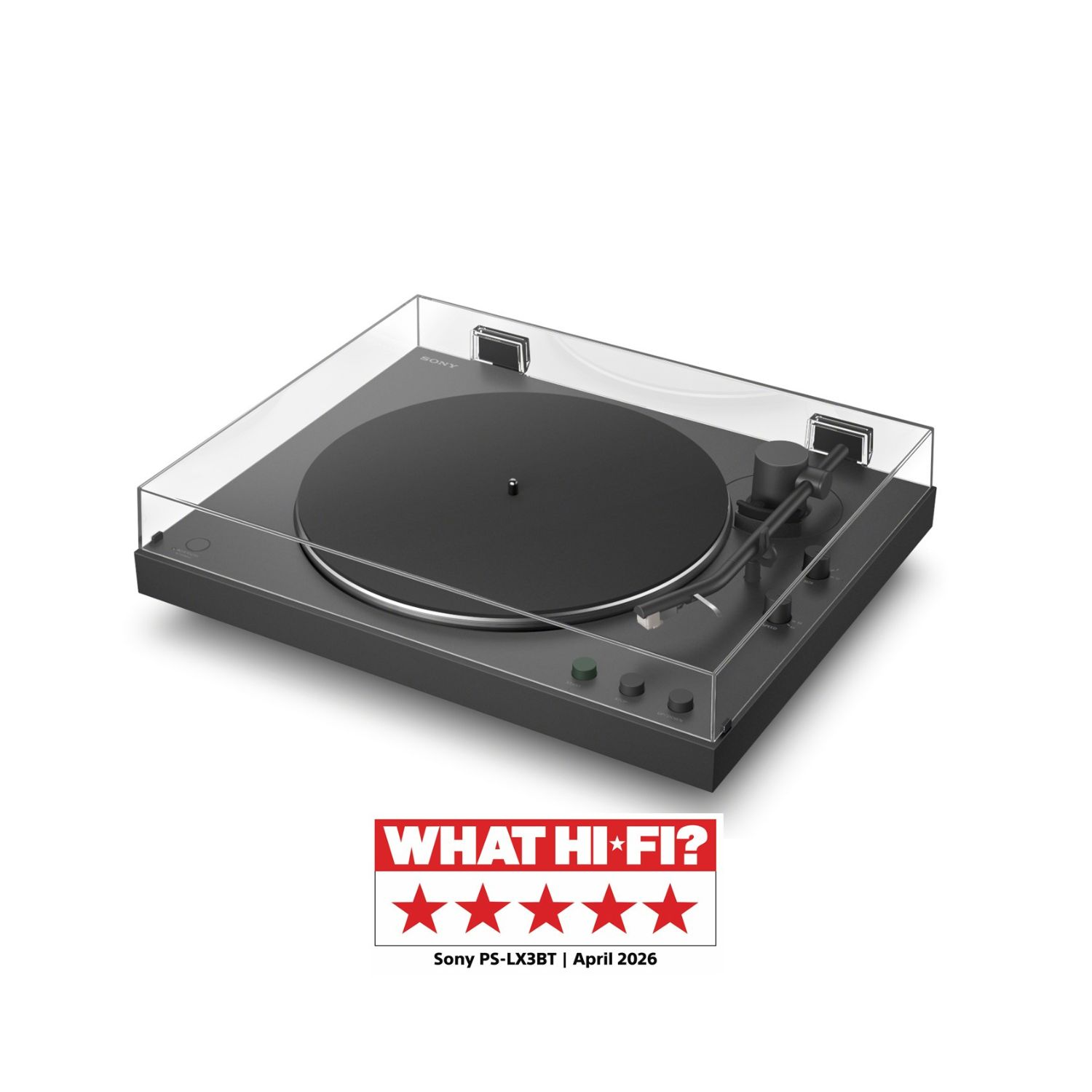 Tocadiscos negro con tapa transparente y brazo de tono. Calificaciones abajo.