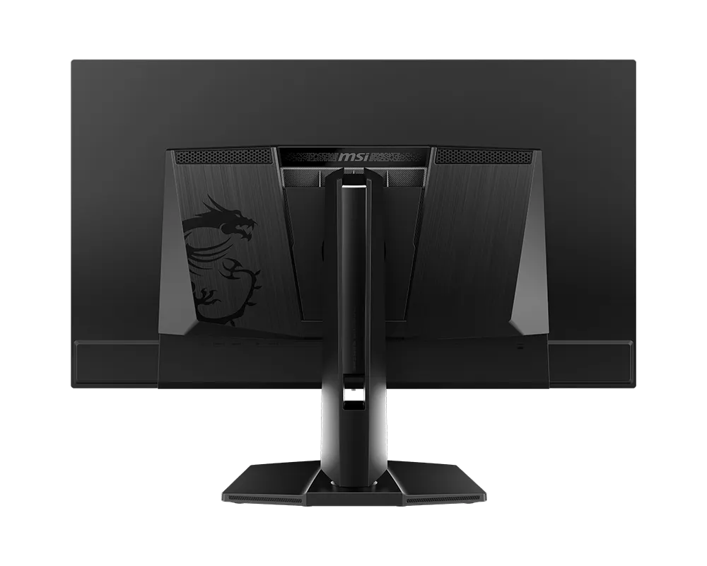 Fekete MSI monitor hátulnézete sárkány logóval és állvánnyal.