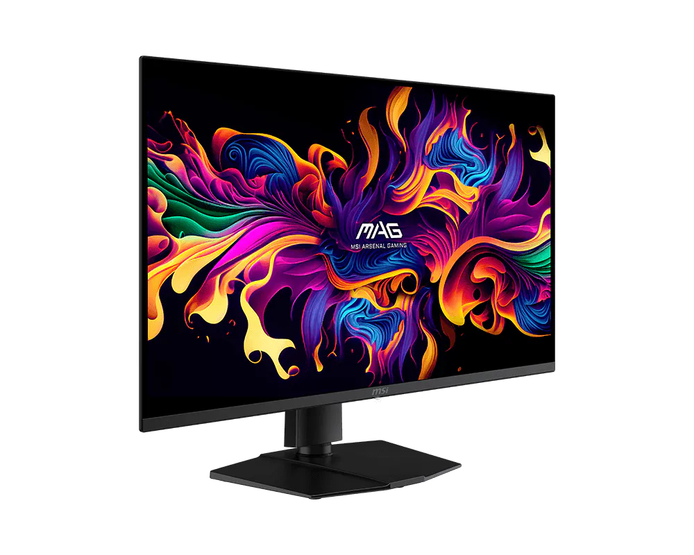 Egy fekete MSI gamer monitor élénk, absztrakt, lángszerű mintát jelenít meg.