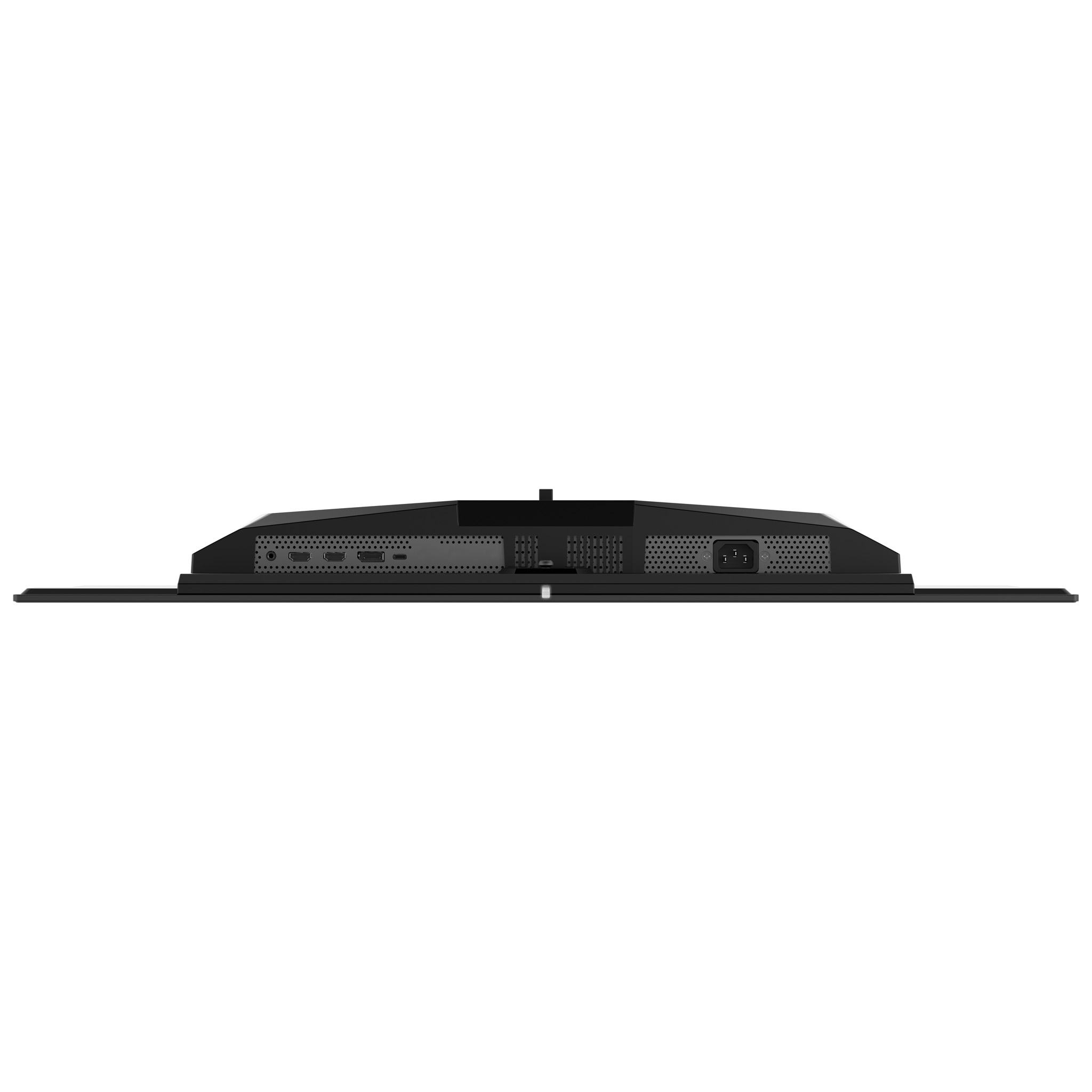 Fekete monitor hátoldala portokkal: HDMI, USB-C, tápellátás.