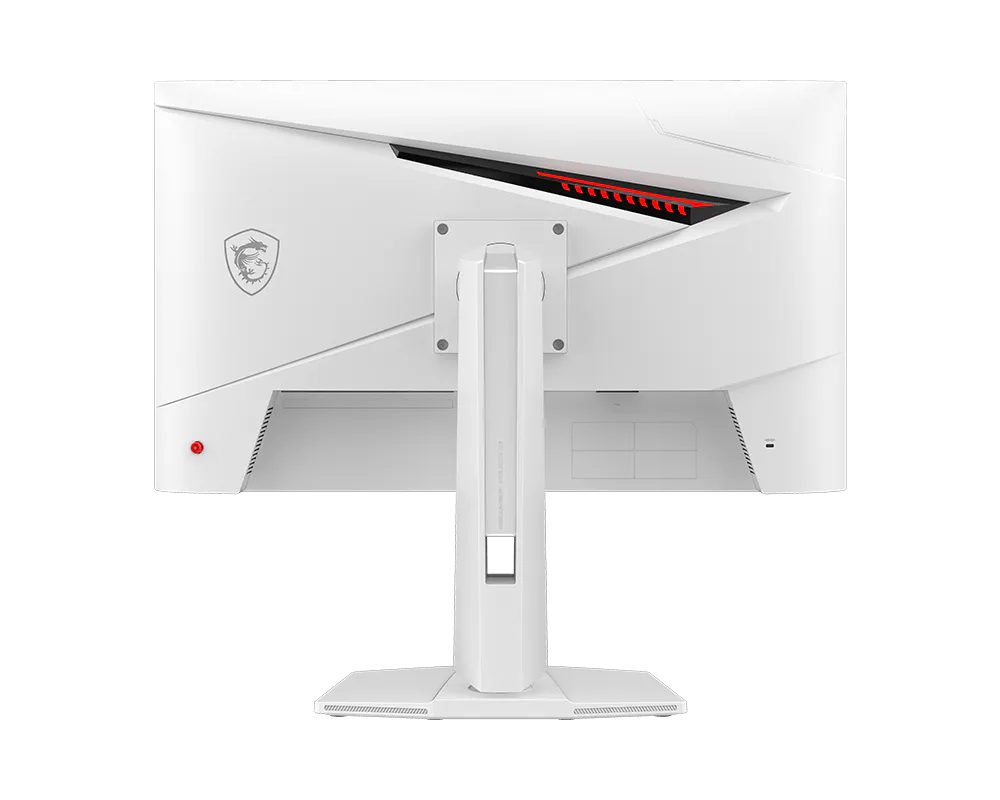 Fehér monitor hátulja MSI logóval és piros díszítéssel.