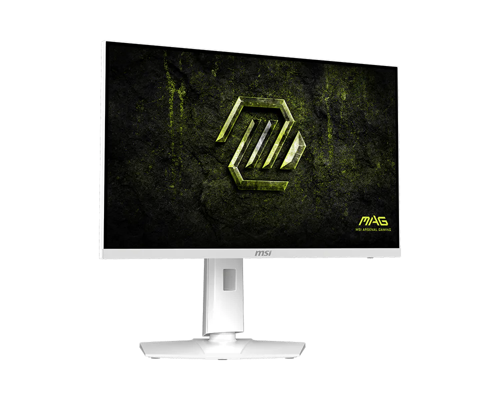 Egy fehér MSI gamer monitor sötét háttérrel és sárga logóval.