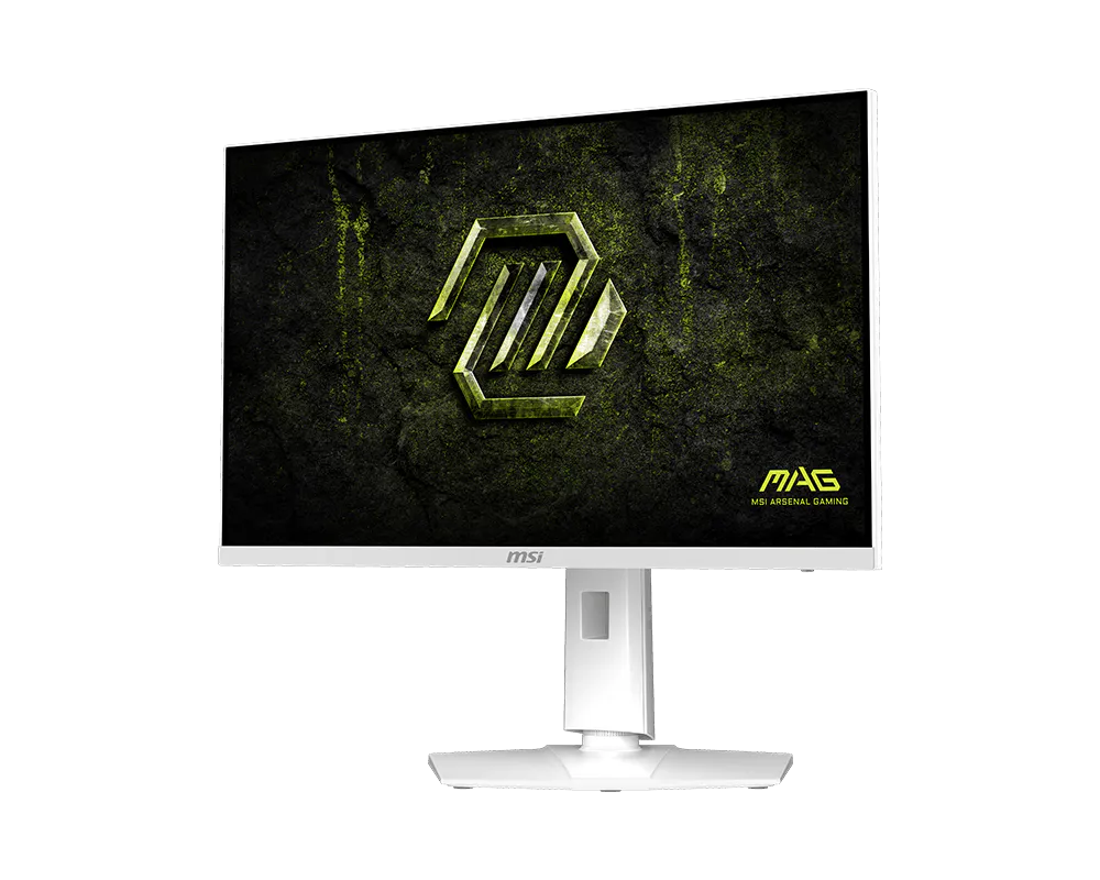 Fehér MSI gamer monitor sötét háttérrel és sárga elemekkel.