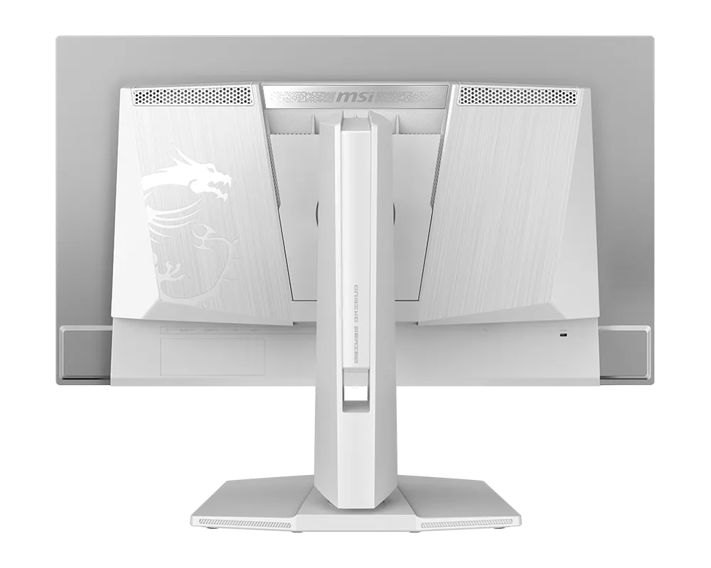 Fehér MSI monitor hátulja sárkány logóval és állvánnyal.