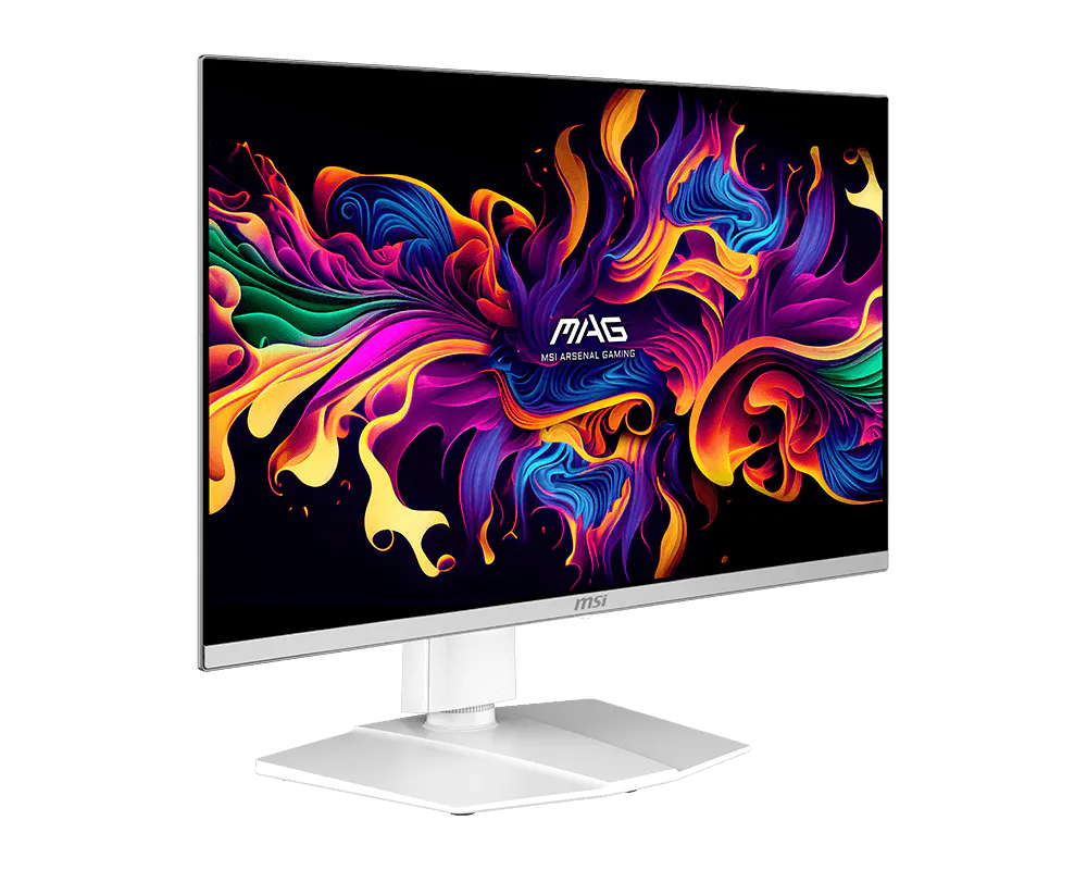 Egy fehér MSI gamer monitor élénk, absztrakt, színes hátteret jelenít meg.