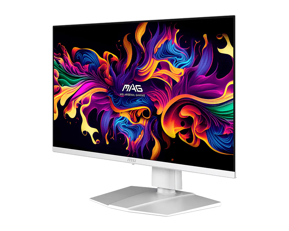 Fehér MSI monitor élénk, absztrakt, színes műalkotást mutat fekete háttéren.