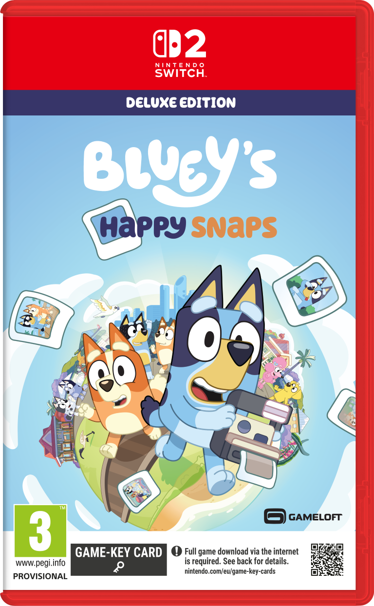 Pudełko gry Nintendo Switch Bluey's Happy Snaps z Bluey i Bingo trzymającymi aparat.