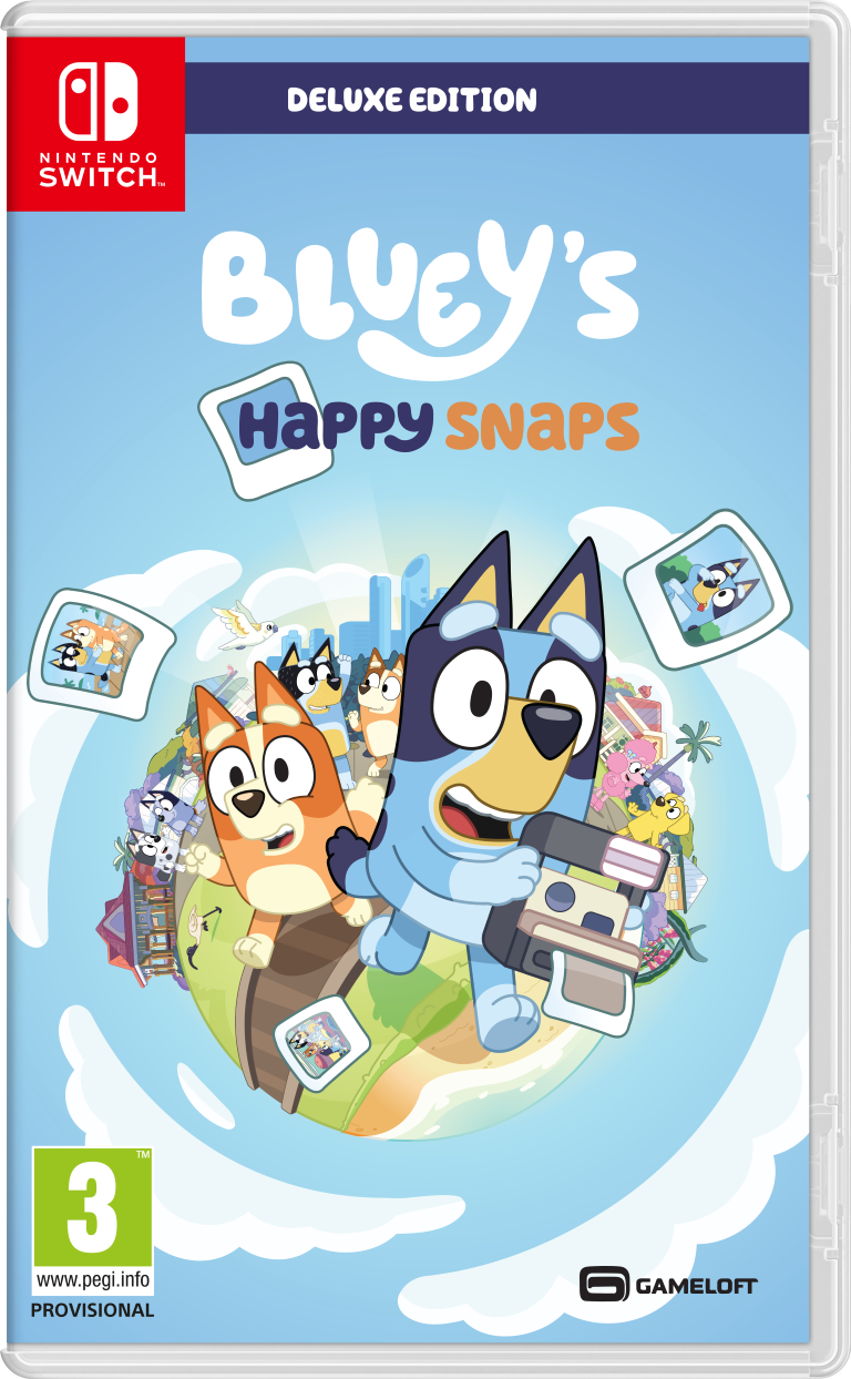 Bluey i rodzina na wyspie przypominającej globus z aparatem. Nintendo Switch.