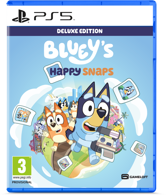 Okładka gry PS5 Bluey's Happy Snaps. Bluey i Bingo z aparatem na tle miasta.