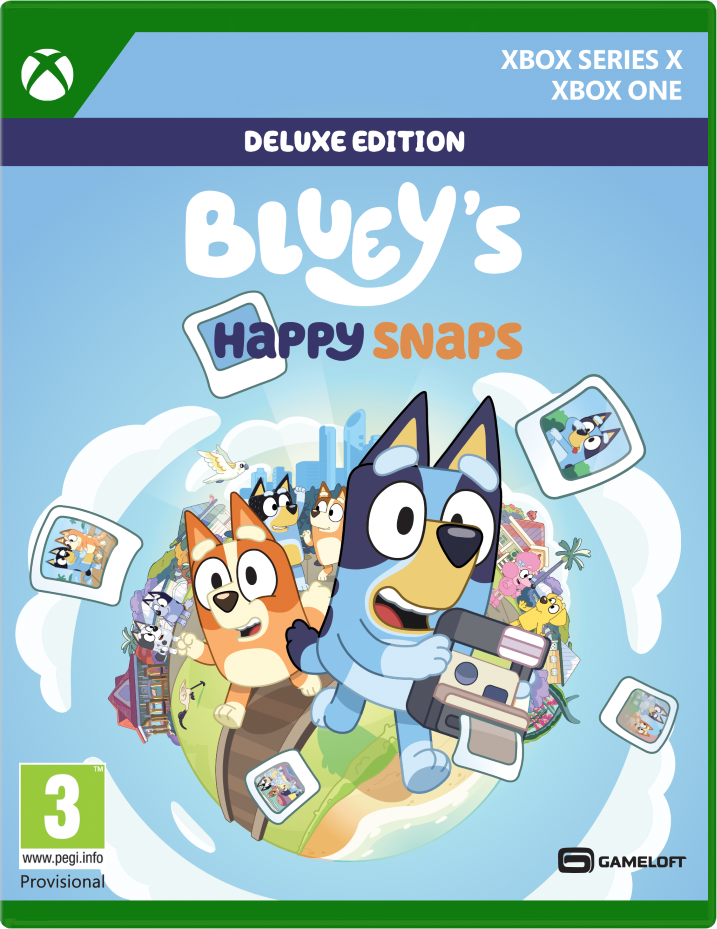 Okładka gry Bluey's Happy Snaps Deluxe Edition na Xbox z Bluey i Bingo robiącymi zdjęcia.
