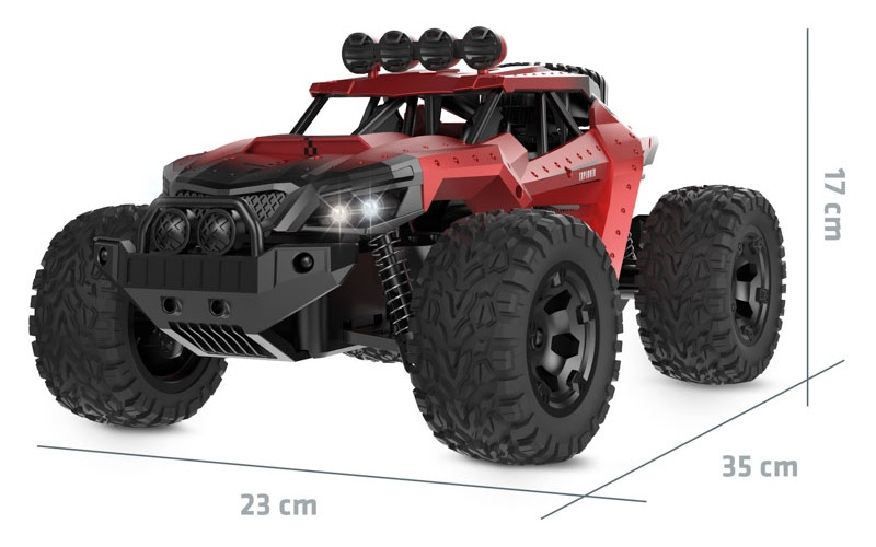 Czerwony samochód terenowy zdalnie sterowany z dużymi oponami i światłami.